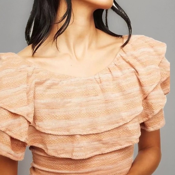 Free people ruffle off shoulder top blouse nude pink NWT stripe - Picture 5 of 6